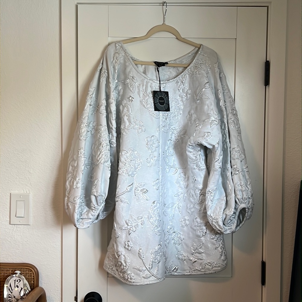 White and silver puff sleeve mini dress